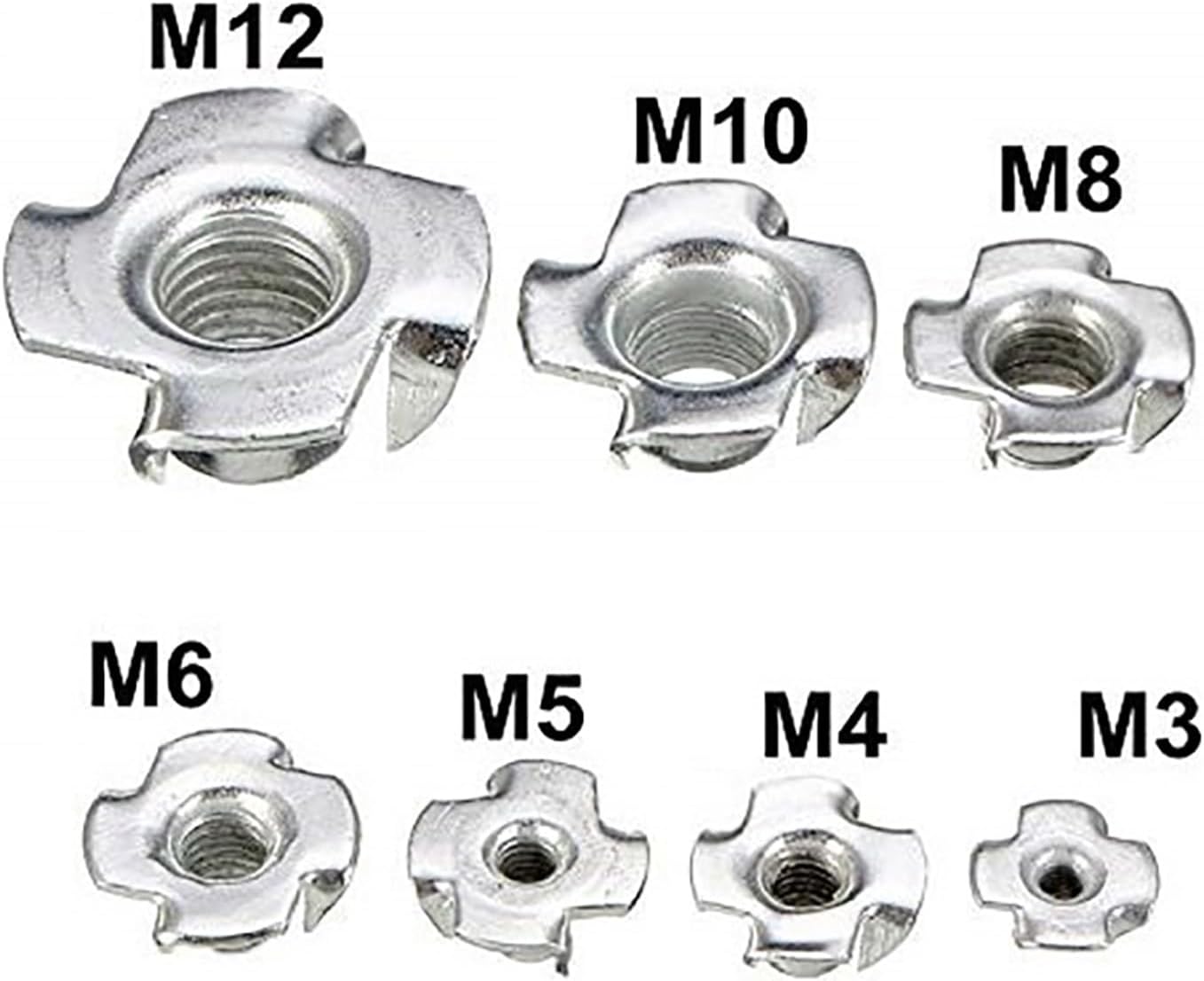 CHATROOM M3 M4 M6 M8 M10 M12 Zinc Plated Four Claws Nut Speaker T-Nut Blind Pronged Insert Tee Nut Furniture Hardware 5/10/20/50PCS (Color : 50PCS, Size : M12)
