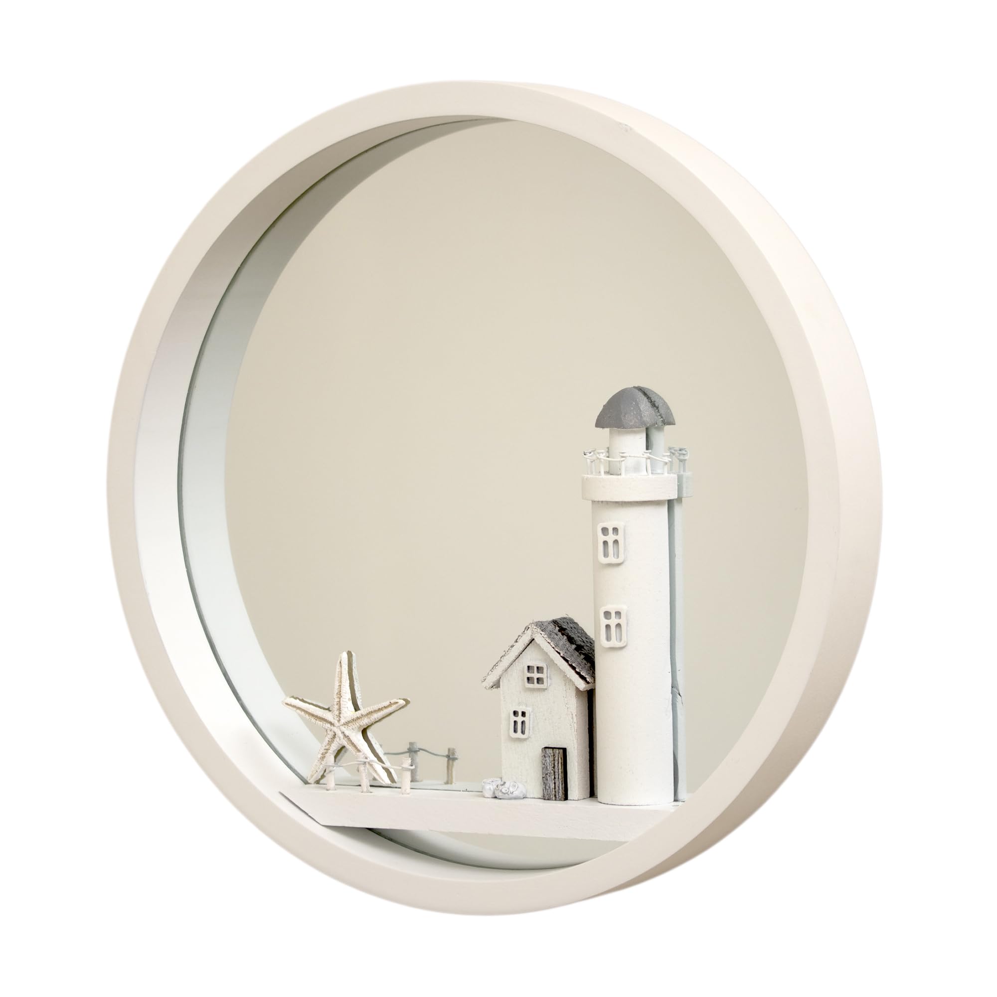 Darthome White Lighthouse Wall Mirror 30X30cm Round Wood Nautical Coastal House Bathroom Decor