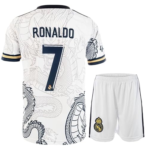 Pitch and Trek Madrid Ronaldo White Dragon Kids Soccer Jersey Shirts Football Futbol Socks Gift Set Youth Sizes(10-11 Years,White,164)