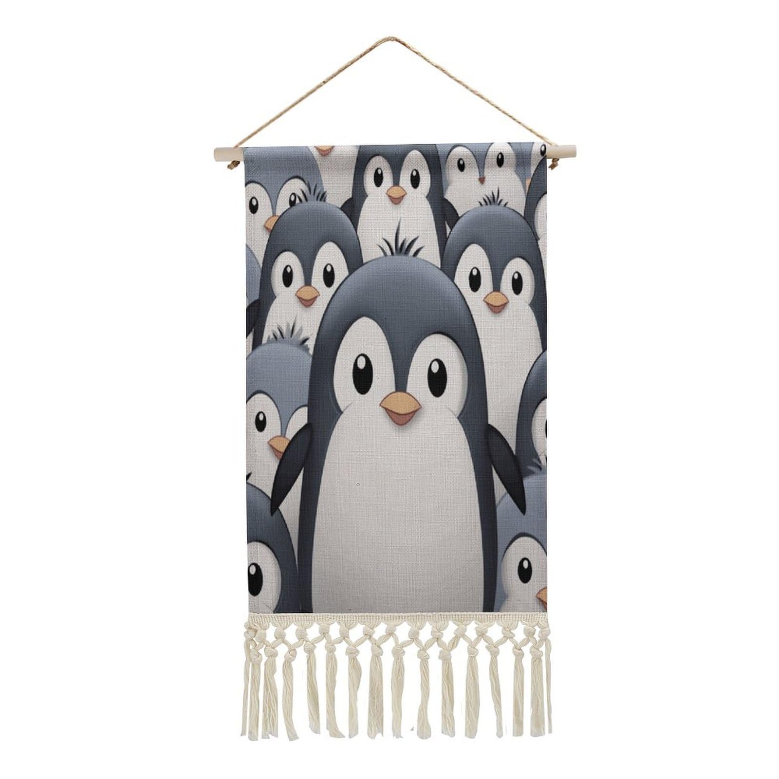 FekiLoot Cute Penguin Wall Art Poster Hanger Frame Vertical Tassel Tapestry Cotton Linen Hanging Poster Decorative Wall Art Prints Vintage Wall Art Decor for Home Bedroom Living Room Office