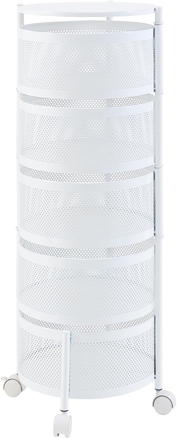 en.casa Chariot de Service 5 Niveaux – Desserte sur roulettes en acier avec paniers dépliables, 90x33 cm, Blanc - Description