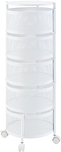 [en.casa] Rolling Trolley with 5 Levels, Multilayer Kitchen Shelf with Wheels, Serving Trolley, Steel, Fold-Out Baskets, Shelf for Kitchen, Bathroom, 89.5 x Diameter 33 cm, White - 4