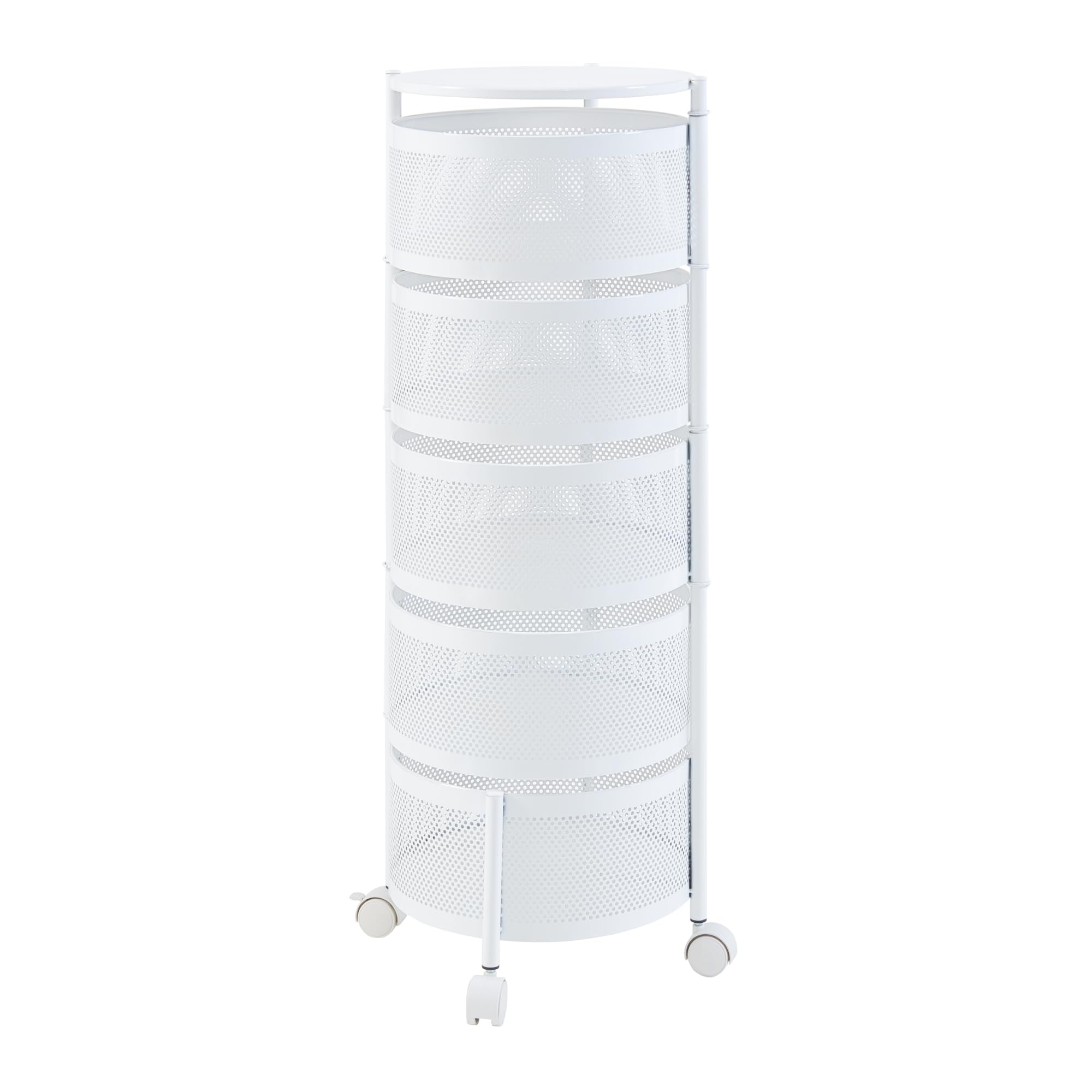 [en.casa] Carro de Servicio con 5 Cestas Redondas Carrito de Cocina Baño con 4 Ruedas Carrito de Verduras con Paredes Perforadas y 4 Cestas Superiores Giratorias Acero 90xØ33cm - Blanco