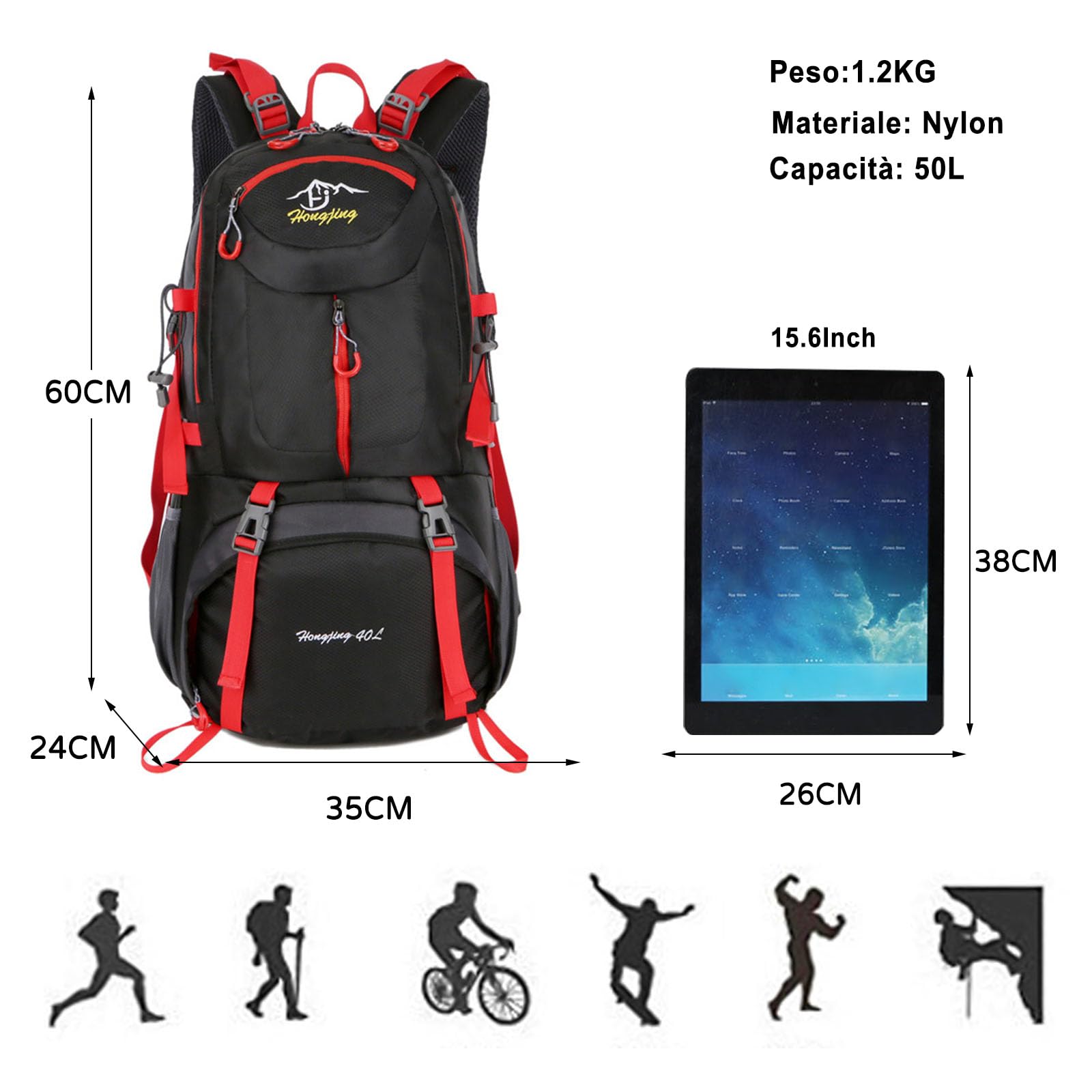 50/60 L Zaino da Trekking Zaino Impermeabile Zaini Hiking Backpack per Donna Uomo Viaggi Campeggio Arrampicata Sport Nero A