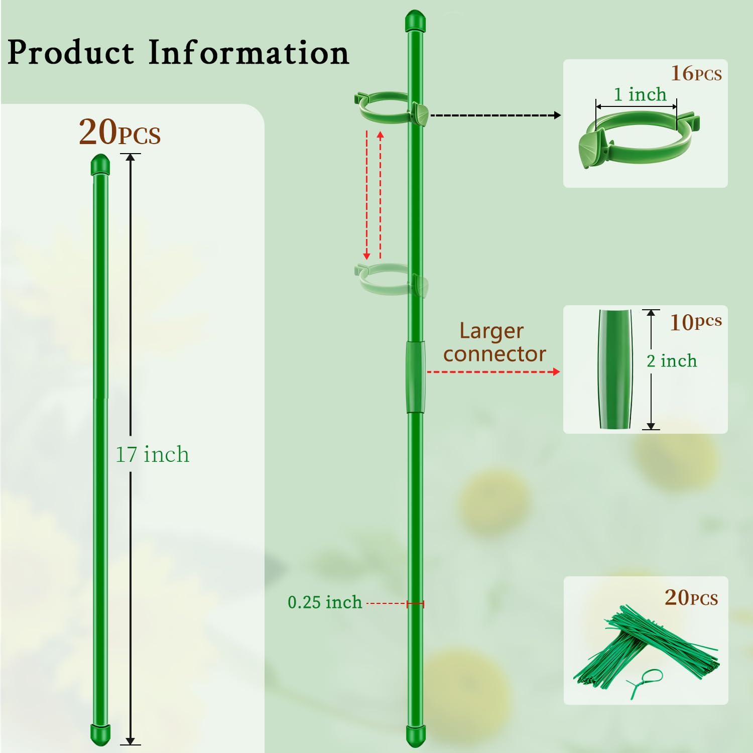 SupKing paliki do roślin 43 cm, regulowana długość, palik podtrzymujący rośliny, 20 szt., paluszki do orchidei z klipsami, do użytku wewnątrz i na zewnątrz, słupki ogrodowe do pomidorów doniczkowych,