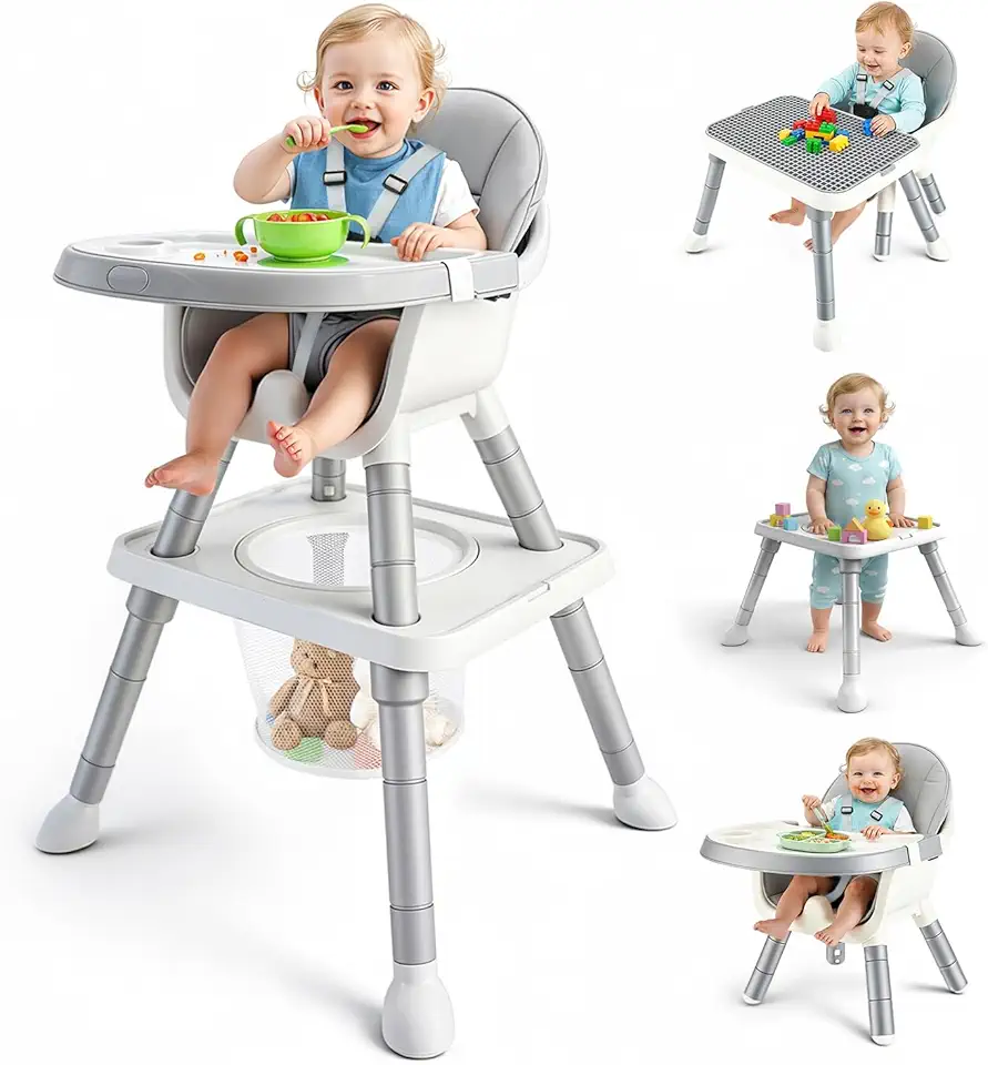 Cadeira de Alimentação 8 em 1, com Cinto de Segurança de 5 Pontos, Bandeja Removível, Cadeira e Mesa de Estudo, Suporta até 50 kg, Cor Cinza