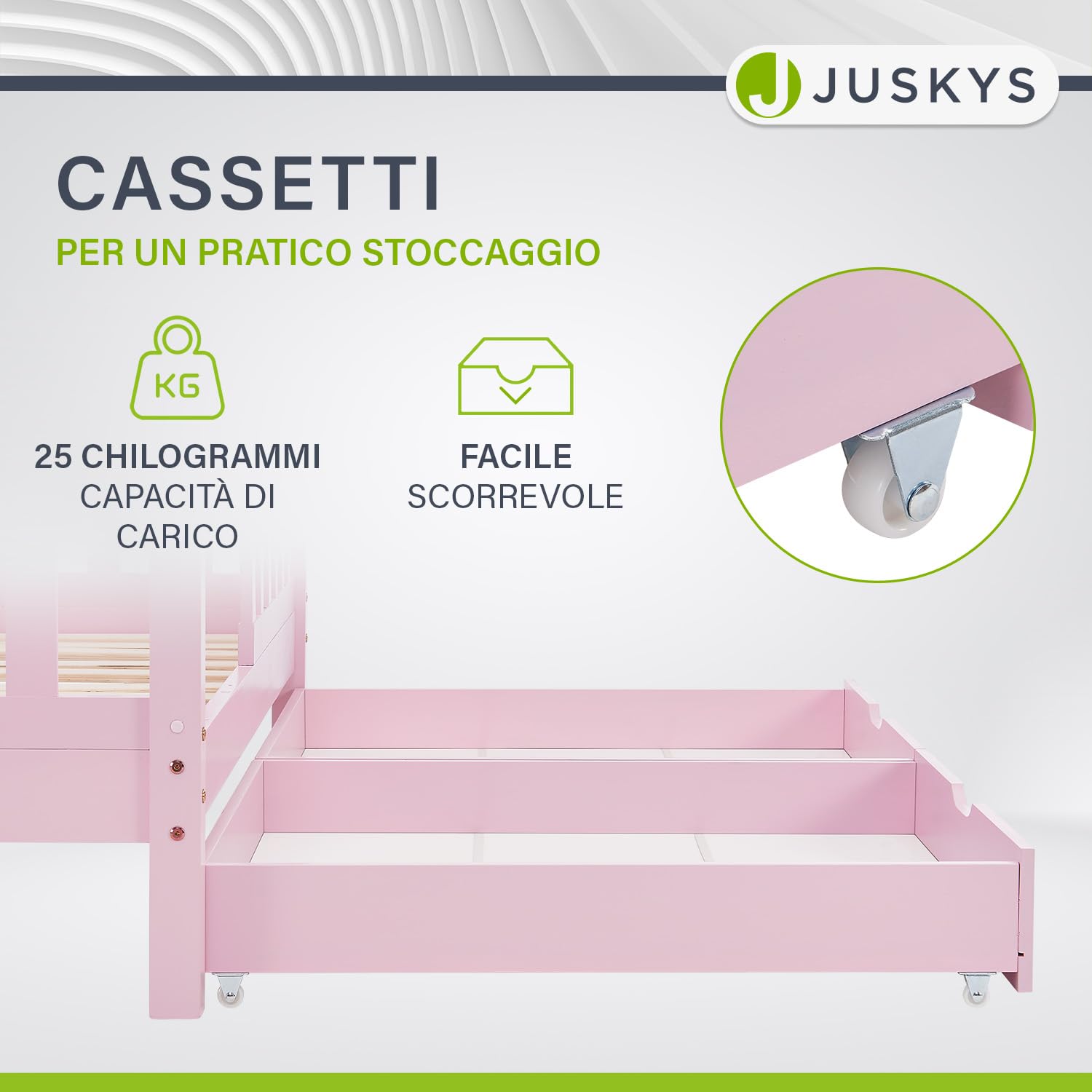 Juskys letto per bambini Marli da 80x160 cm con due contenitori, protezione anticaduta, rete a doghe e tetto - Letto a casetta in legno massiccio per bambini - Letto in rosa