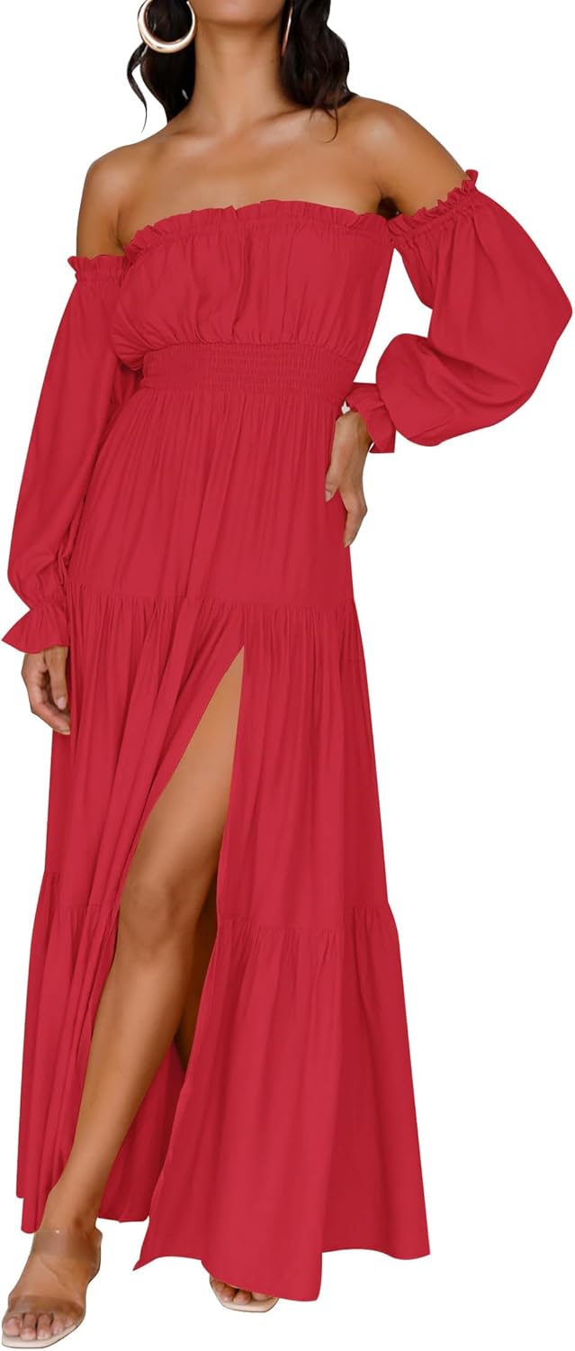 ZESICA Women's Boho Off Shoulder Spring Long Sleeve Dress 2026 High Waist Side Split Sexy Flowy A Line Long Maxi Dresses