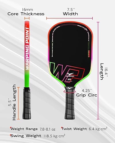 Miniatura 5 de Warping Point Pala de pickleball Neon Gen 3, aprobada por UPA-A, fibra de carbono T700 cruda de triple capa, núcleo EdgeFusion de 16 mm, marco