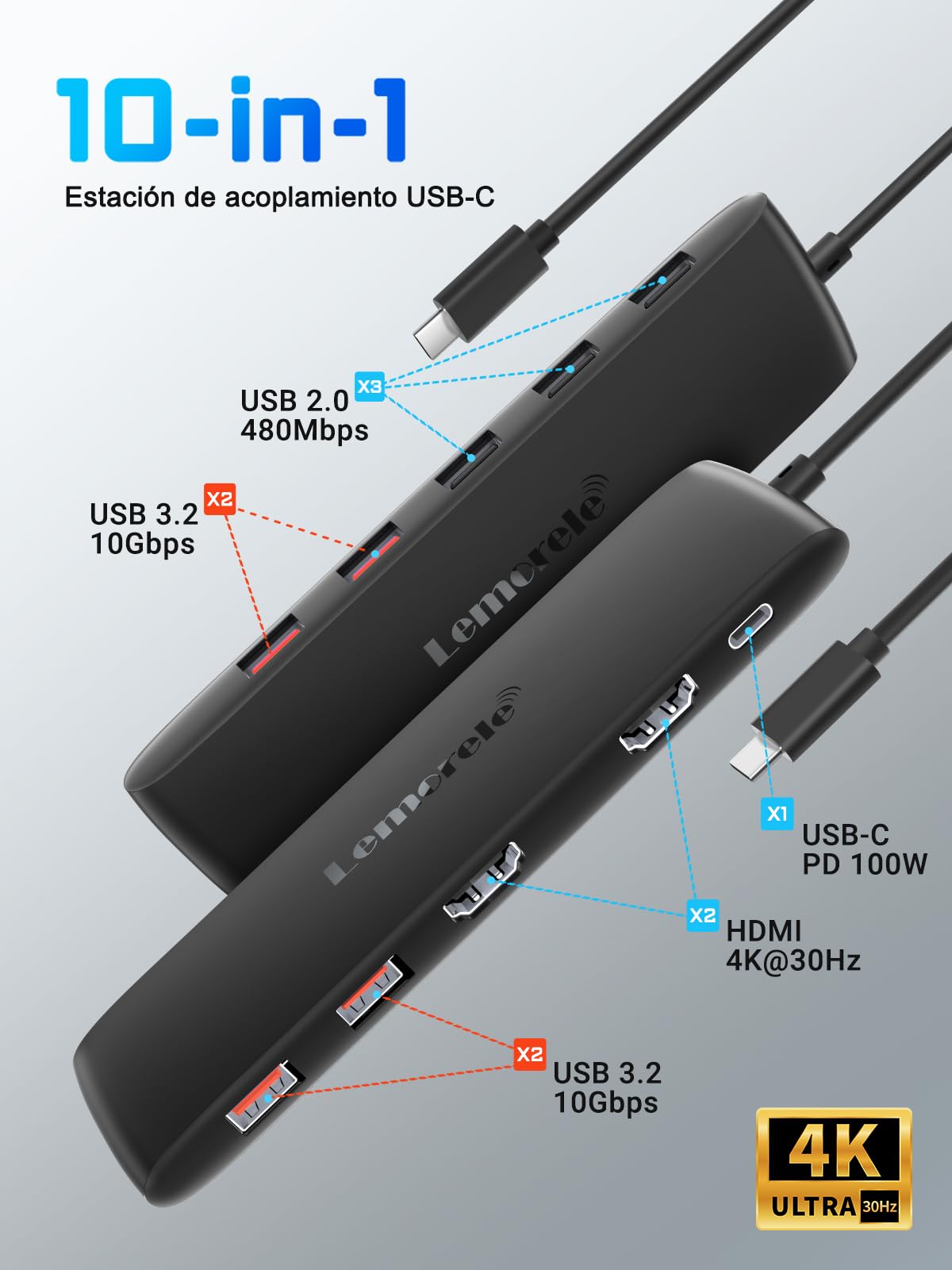 Lemorele Docking Station 2 monitor hub, adattatore USB 10 in 1 con 2 HDMI 4K, 3 USB 3.2 (10 Gbps), 3 x 2.0, PD 100 W per MacBook Pro/Air/Dell/HP/Lenovo