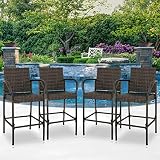 BBBuy Set of 4 Wicker Bar Stool All Weather Outdoor Backyard Rattan Chair Patio Furniture with Armre