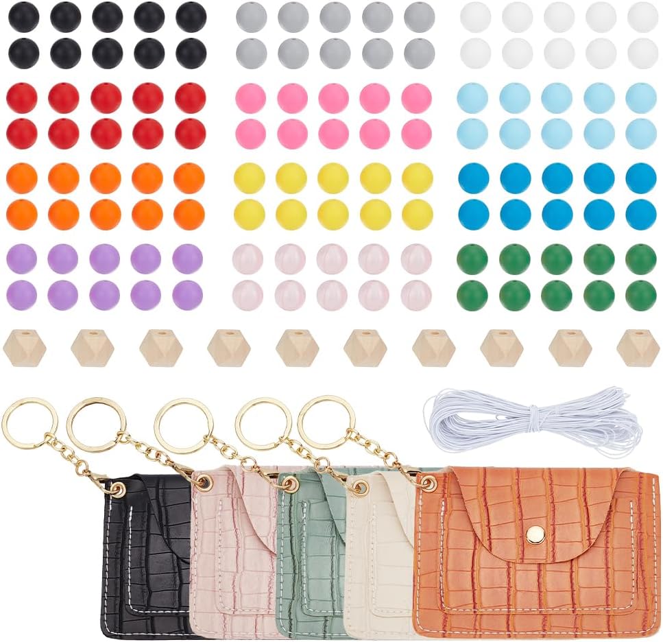 WADORN Silicone Beads for Keychain Making Kit, 130pcs 13 Colors Beads with 5 PU Leather Card Holders 15/16mm Rubber Beads Set for Handicraft Rubber Keychain Bracelet Lanyard Making, Mixed Color 2