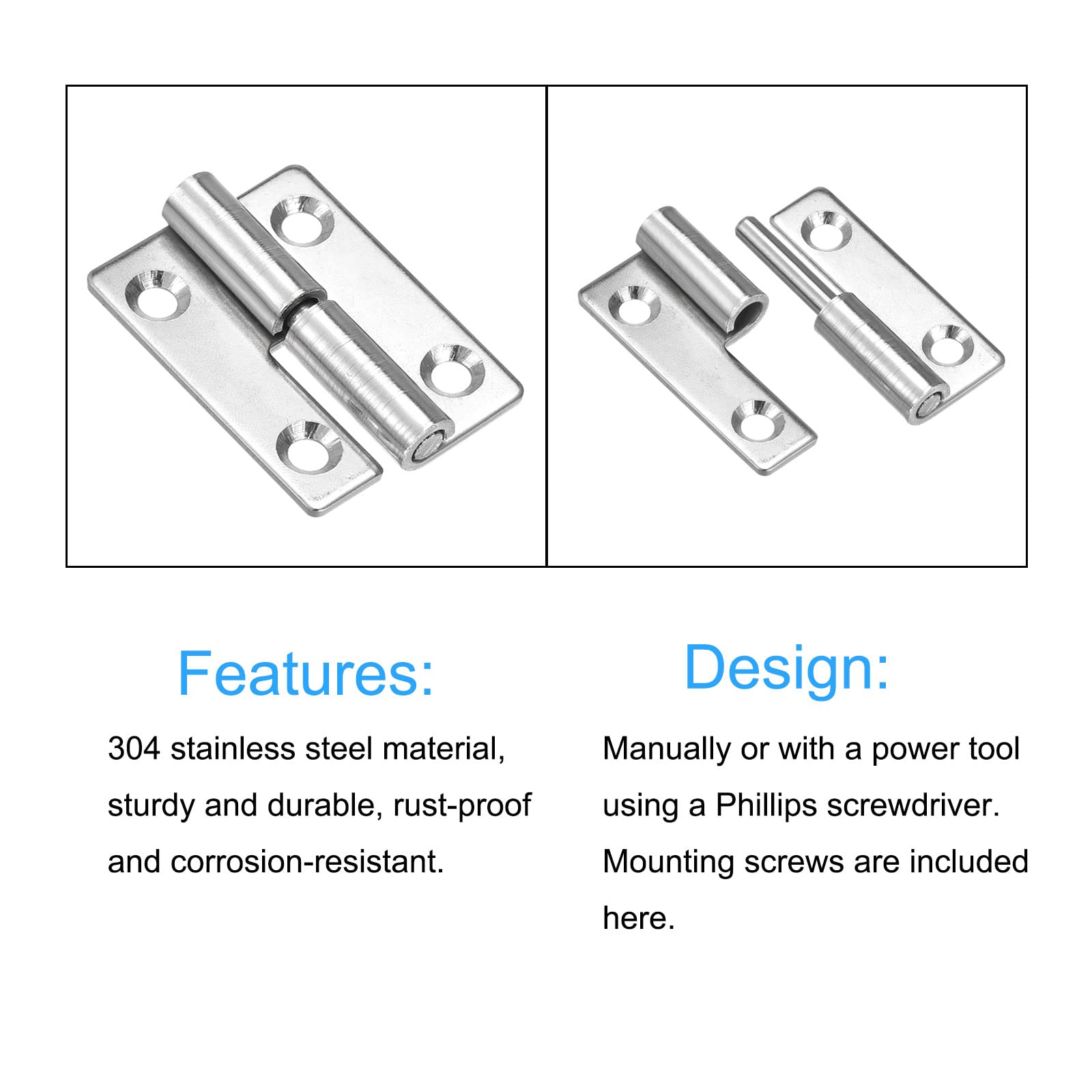 METALLIXITY Lift Off Hinge (50mm/2") 4Pcs, 304 Stainless Steel Left-Handed Slip Joint Small Flag Hinges - for Cabinet Door Silver Tone - Image 4