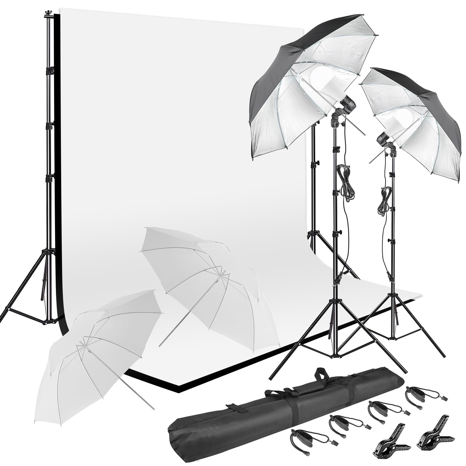 Photography Umbrella Lighting Kit With 85w Led bulb,Muslin Backdrop (White Black), Backdrop, Clips Clamp,8.5*10ft Photo Background Photography Stand System for Photo Video Studio Shooting