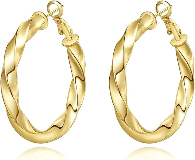 Yumay 9CT Gold Twist Hoop Creole Earrings for Women,40MM Round Hoop Earrings Girls.