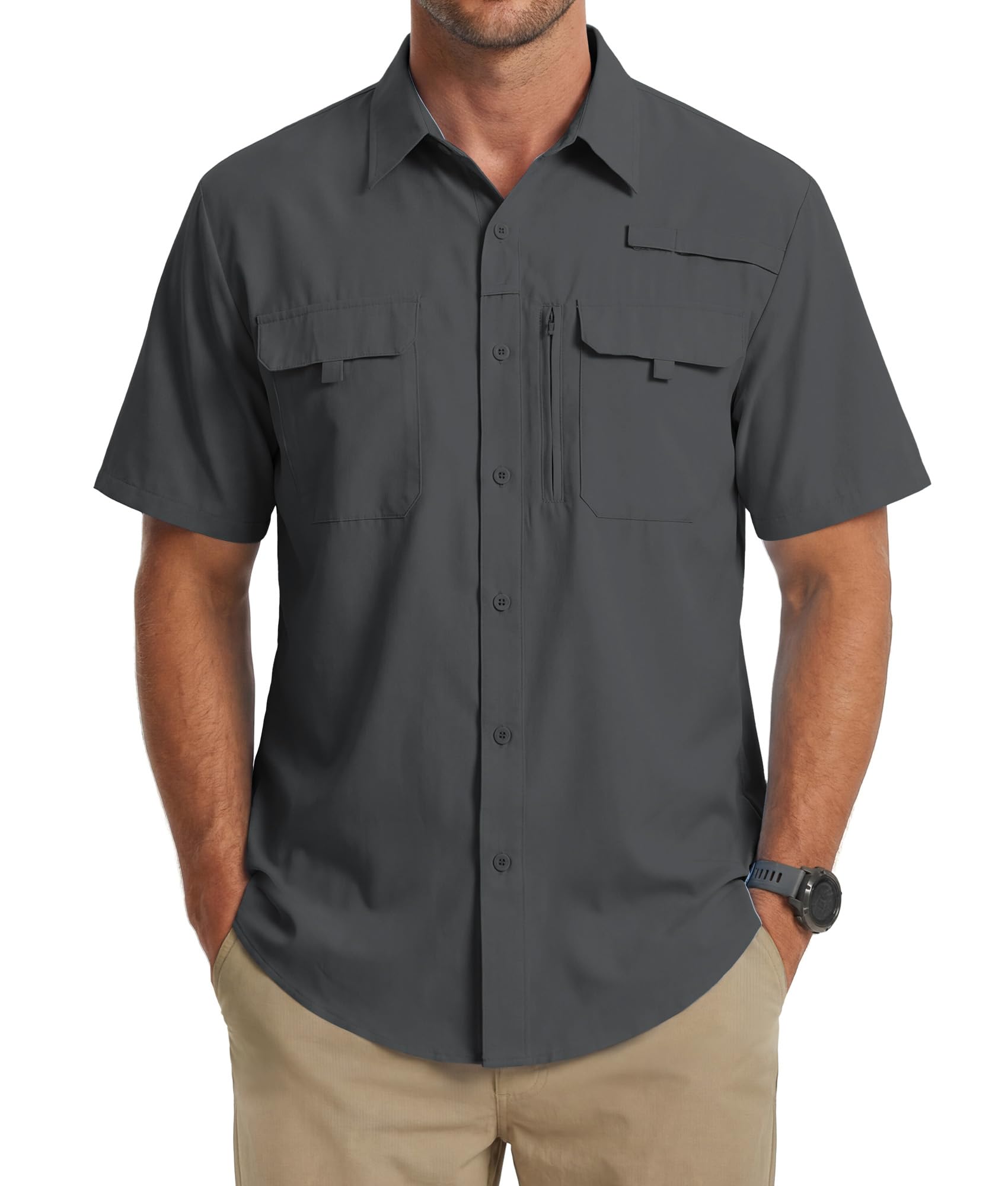 Chemise Homme Manches Courtes UPF 50+ Protection UV Séchage Rapide Légère Respirante Chemise Outdoor pour Randonnée Pêche Voyage Safari Travail