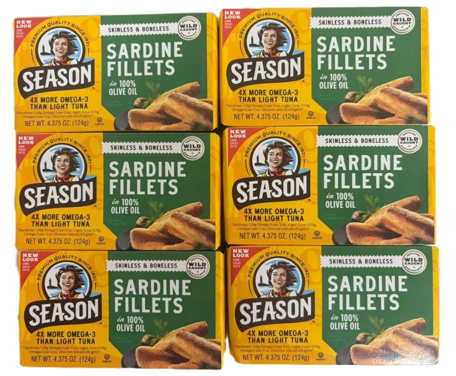 Season Sardines in 100% Olive Oil – Skinless & Boneless, Wild Caught, 22g of Protein, Keto Snacks, More Omega 3's Than Tuna, Kosher, High in Calcium, Canned Sardines – 4.37 Oz Tins, 6-Pack