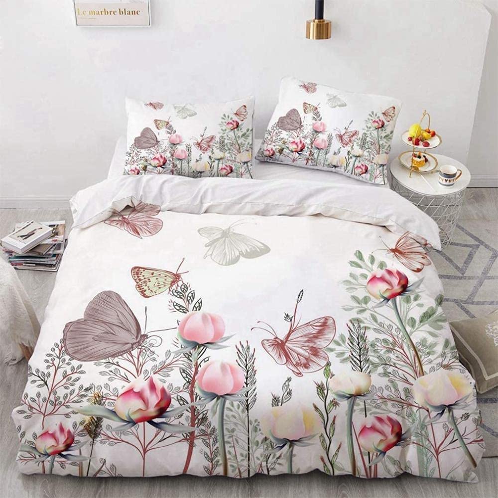 Flowers and Plants Queen Size Duvet Cover, Reversible Butterfly Flowers Quilt Cover with Pattern, Bedding Set Soft Microfibre with Zipper Closure, Comforter Cover and 2 Pillowcases, 228x228 cm, Z27
