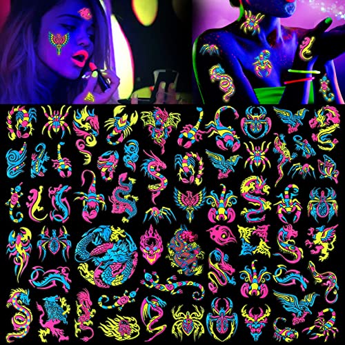 HOWAF 10 néon tatuagens temporárias, tatuagens néon tatuagem temporária néon festa tatuagem UV luz preta fluorescente maquilhagem pintura corpo rosto néon tatuagens temporárias adultos crianças para