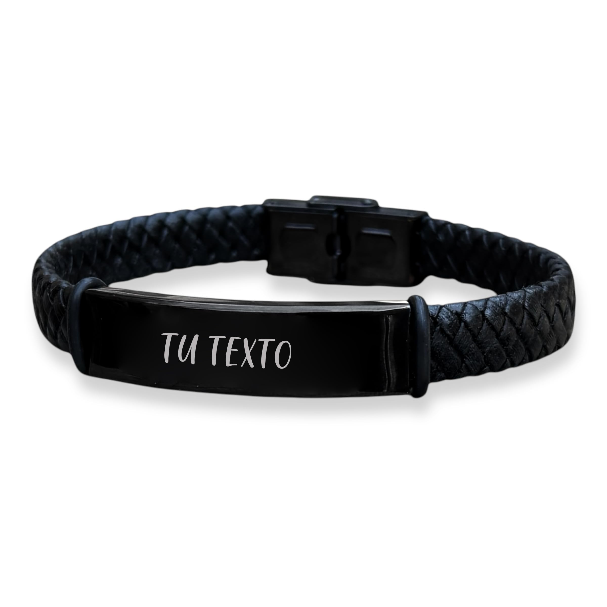 Pulsera personalizable con tu texto, totalmente ajustable, fabricada con cuero y acero. MODELO BLACK DANIELS. Regalos día del padre, regalos San Valentín.