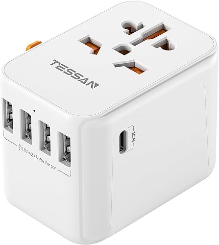 Adaptador de enchufe de viaje universal de 30 W, adaptador de enchufe TESSAN International con 1 USB C y 4 puertos USB A, toma de corriente para