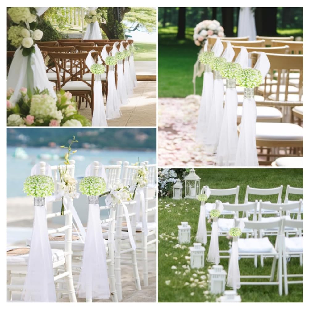 Hochzeit Gang Dekorationen für Zeremonie Hochzeitsstuhl Kirchendekorationen Langen Tüllschwänzen mit Strass-Wickel und Blumen für Hochzeiten Bank Brautparty Kirchenbänke Weiße Hortensie 24 Set