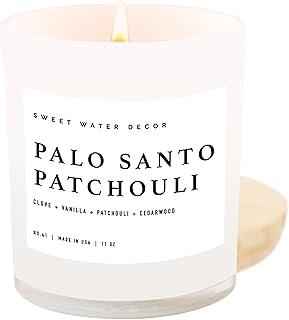 Sweet Water Decor Palo Santo Patchouli Candle - Soy Clove, Vanilla, Cedarwood, Patchouli Scented Spa Candle for Home - 11oz White Jar with Wood Lid, 50+ Hour Burn Time, Made in The USA