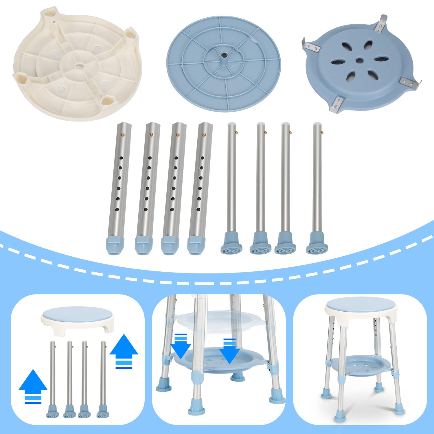 Taburete de ducha giratorio 360°, taburete de baño y asiento con espacio de almacenamiento, altura ajustable, 42-54 cm, carga 136 kg, taburete de baño estable para la ducha