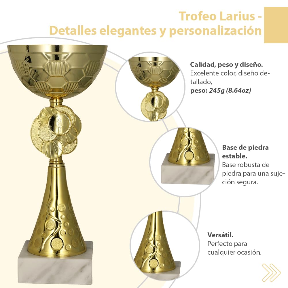 Larius Trofeo (20 cm, 245 g) – Trofeo Personalizable de Metal con Base de Piedra – Ideal para Torneos, Fútbol, Cumpleaños Infantiles, Equipos y Premios – Modelo M2