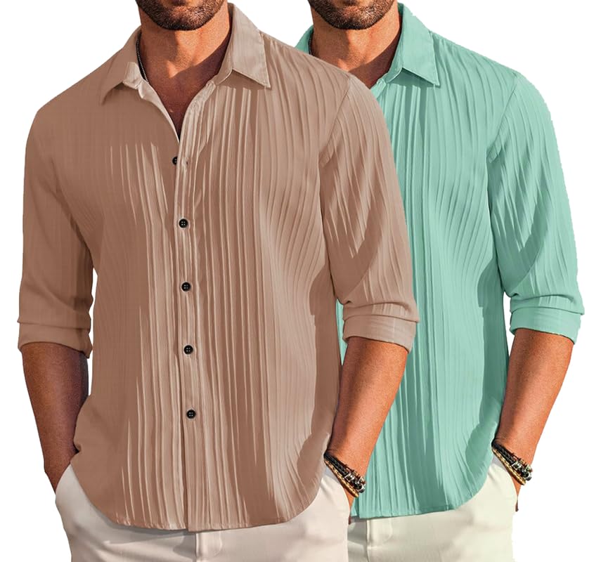 Image of DEELMO Combo of Men's Casual Button Down Shirts Long Sleeve Linen Shirt Fashion Textured Summer Shirts Pack of 2