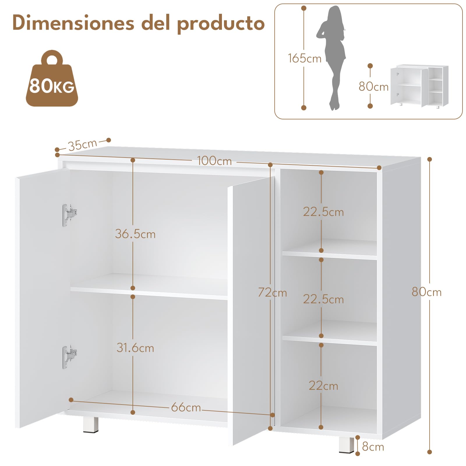 BEWISHOME Mueble de Baño con 2 Puertas y 3 Estantes Ajustables Abiertos | Armario Baño,Amplio Espacio de Almacenamiento,Ideal para Baño,Salón y Cocina,35 x 100 x 80 cm,Blanco