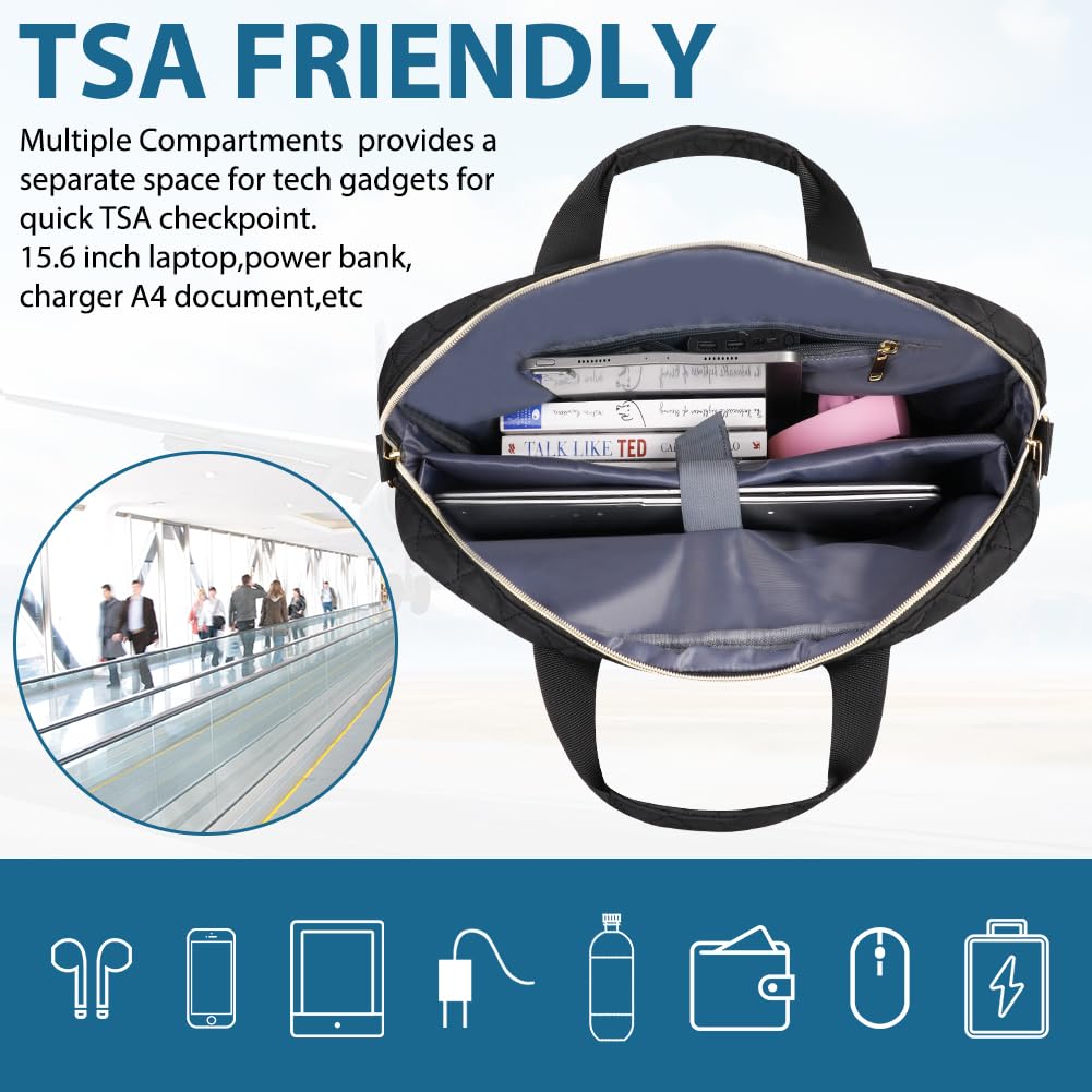 Borsa del Portatile, 15.6 Pollici Cartella per Laptop, Borsa da Lavoro Donna Impermeabile, Borsa Computer Grande con Tasche e Divisori Interni Imbottiti, con Tracolla, per Ufficio, Scuola, Nero