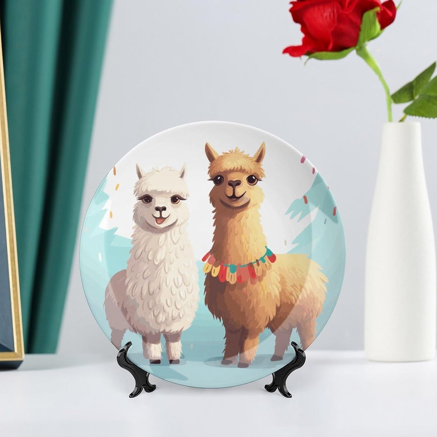 Llama Alpaca Bone China Decorative Plate with Display Stand, Ceramic Ornaments Plate for Wall Hanging, Personalized Porcelain Plates for Office, Living Room 8inch