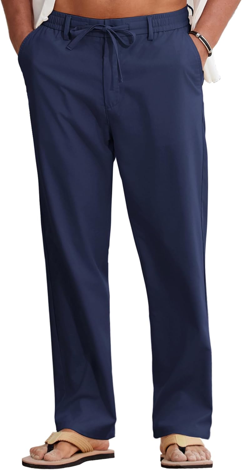 COOFANDY Mens Cotton Linen Pants Casual Drawstring Summer Beach Pants Lightweight Linen Dress Trousers
