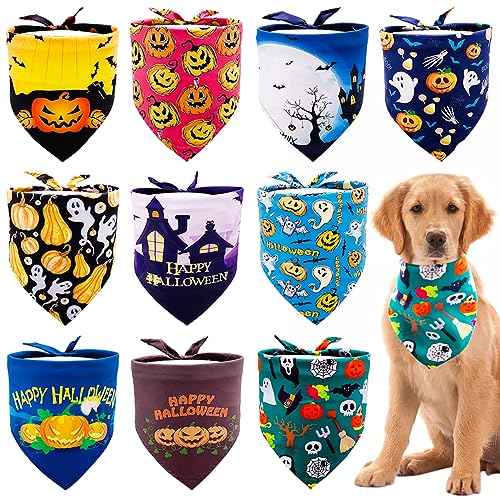 JpGdn 10pcs Halloween Dog Bandanas for Large Dog Washable Stitching edge Selvedge Sewing Triangle Bibs Head Scarves Scarfs Pumpkin Bats Ghost Spider Owls Pattern for Girls and Boys Grooming Costume