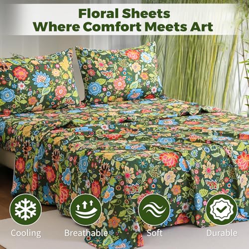 Image of Bedlifes Extra Deep Pocket 18-24 inch King 4-Piece Sheet Set - Cooling Sheets Blend Rayon Derived from Bamboo Soft & Breathable Floral Dark Green
