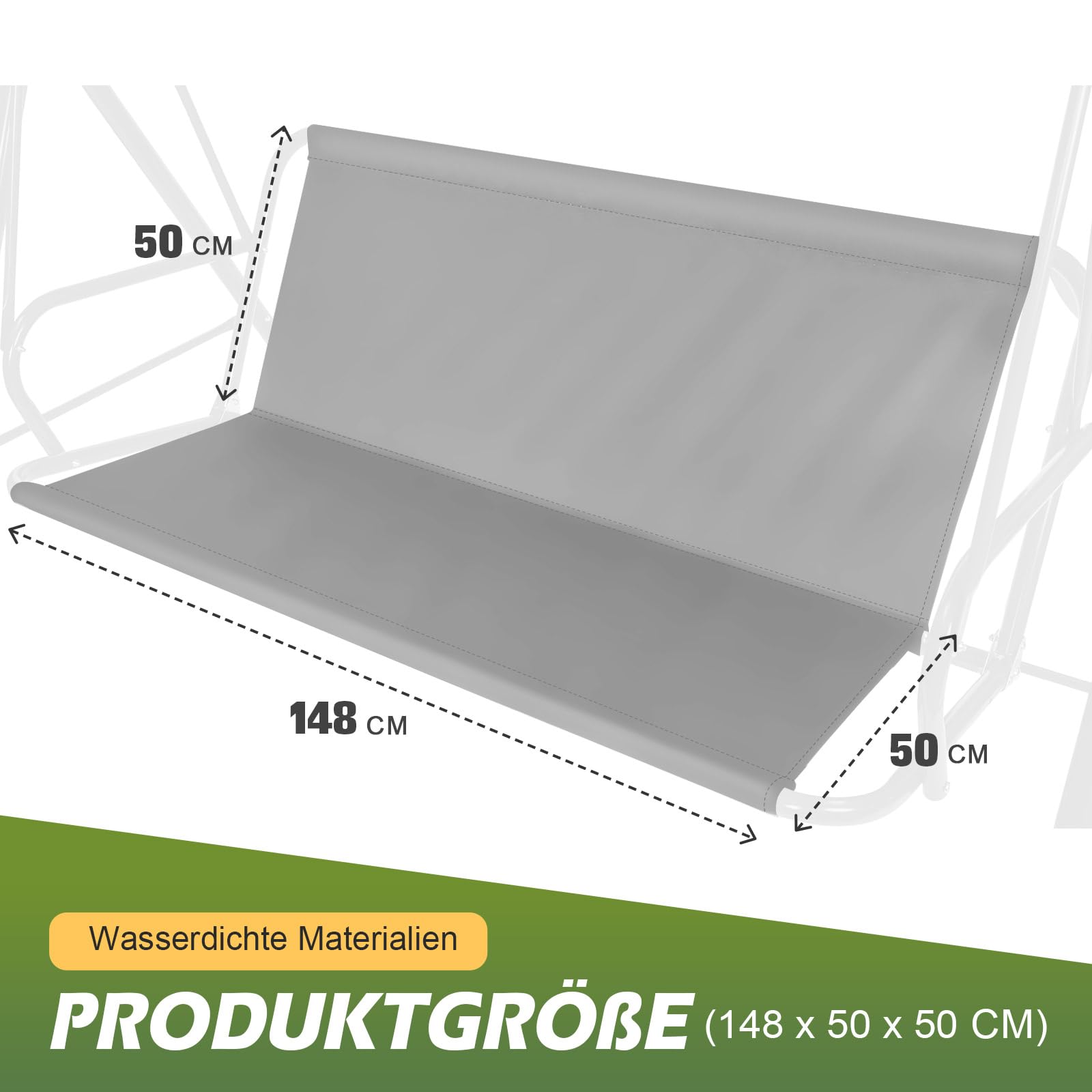 Hollywoodschaukel Sitzfläche Ersatz, 600D Oxford Ersatz-Schaukel Sitzbezug für Hollywoodschauke, Wasserdicht & Reißfest Hollywoodschaukel Bezug 2 & 3 sitzer (Grau, 148 x 50 x 50 cm)