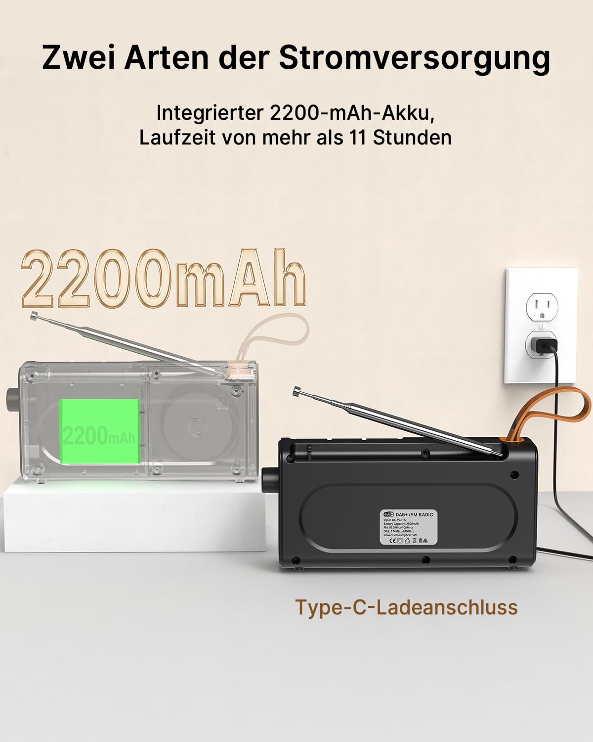 Tragbares DAB+/FM Radio mit Bluetooth, Küchenradio mit Kabel oder 2200mAh Akkubetrieb, UKW Digitalradios mit Kopfhöreranschluss, Dual Wecker, 40 Voreingestellte, Farbdisplay