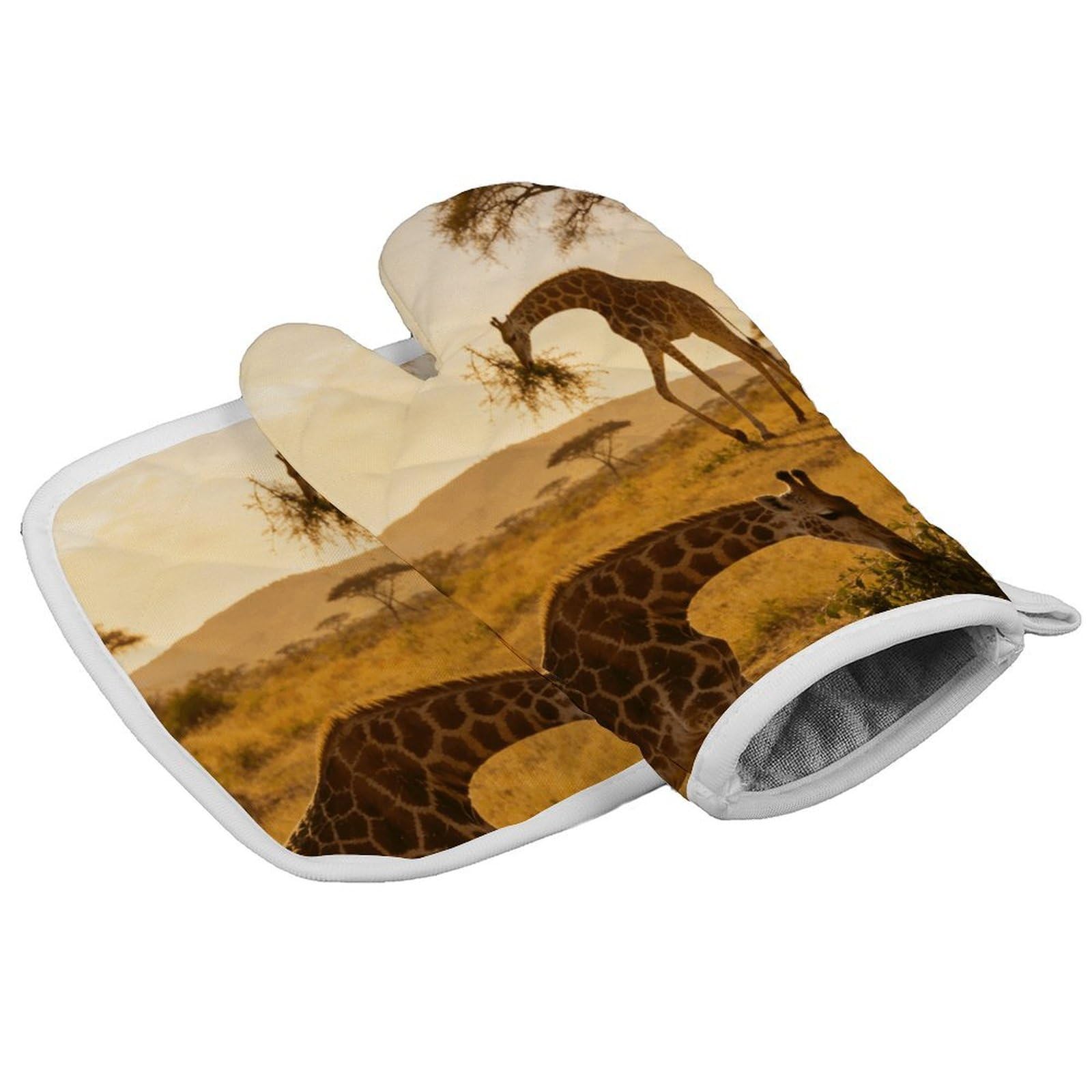 Fodpand Style African Giraffes Oven Mitt Set With Lanyard, Cooking Mitt, Protective Thermal Insulation,Kitchen Mitt For Baking, Cooking, Grilling, Microwave