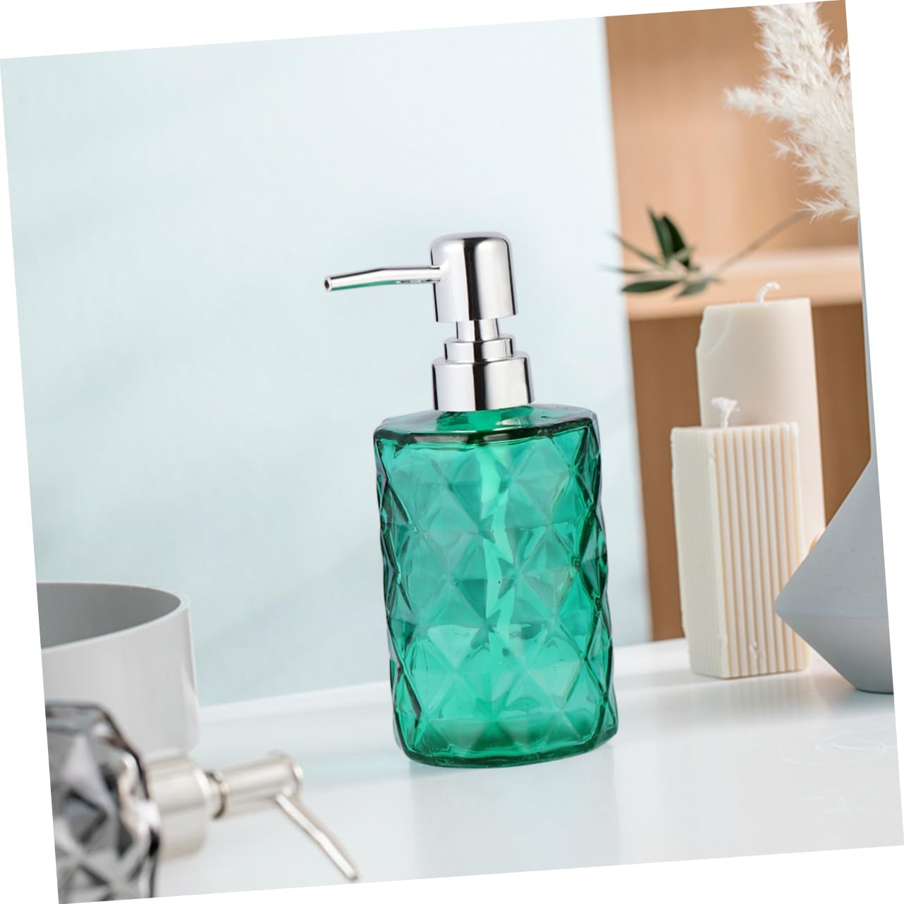 Flacone Dispenser Shampoo 330ml Verde in Vetro e Plastica, 2 Pezzi | Ampia Apertura per Ricarica Facile, Testina Pompa Removibile, Design Moderno Compatto