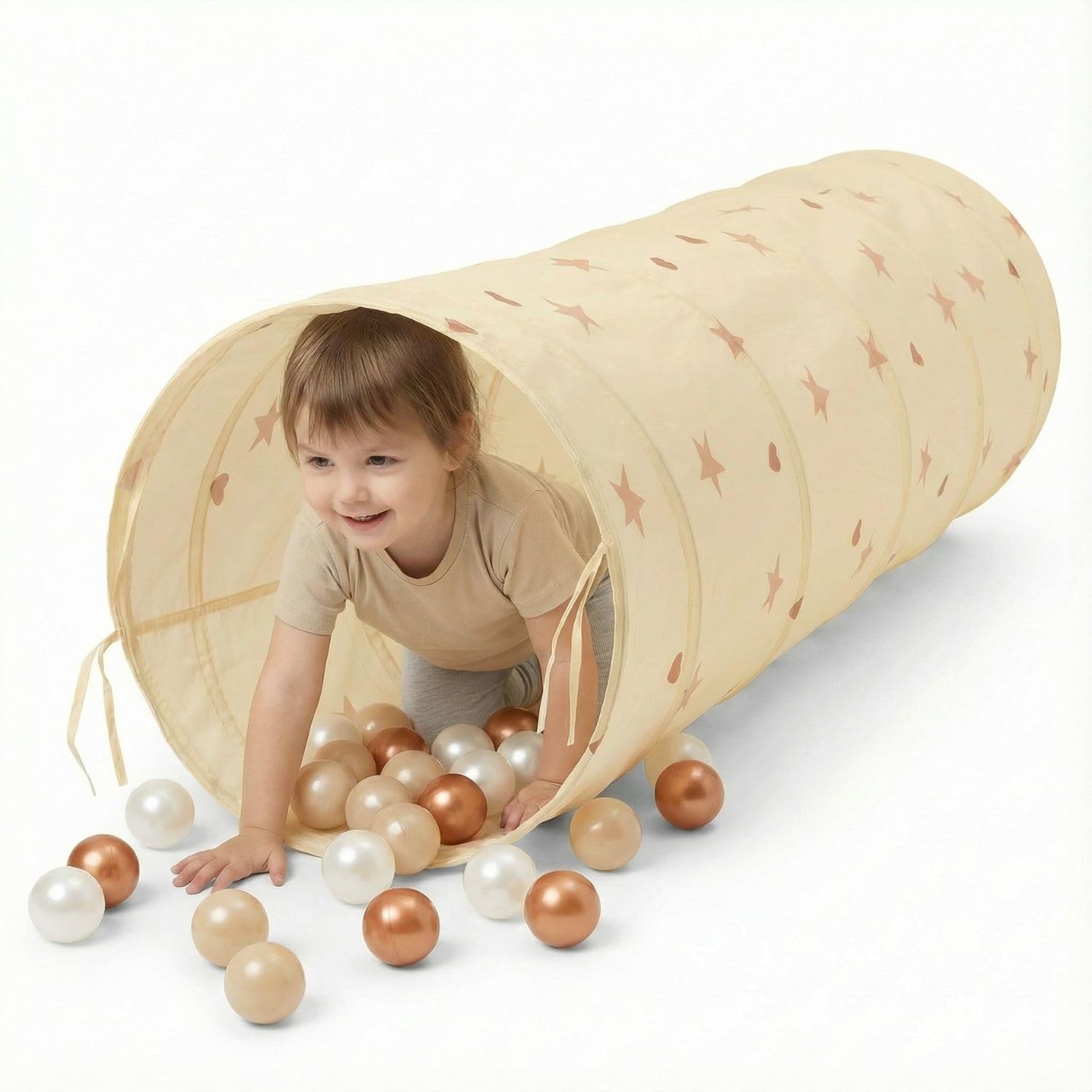 Selonis Pop-Up Tunnel Für Kinder Mit 400 Bälle Faltbarer Spieltunnel Flexibel Krabbeltunnel, Hellbeige: Pastellbeige/Kupferrot/Perle