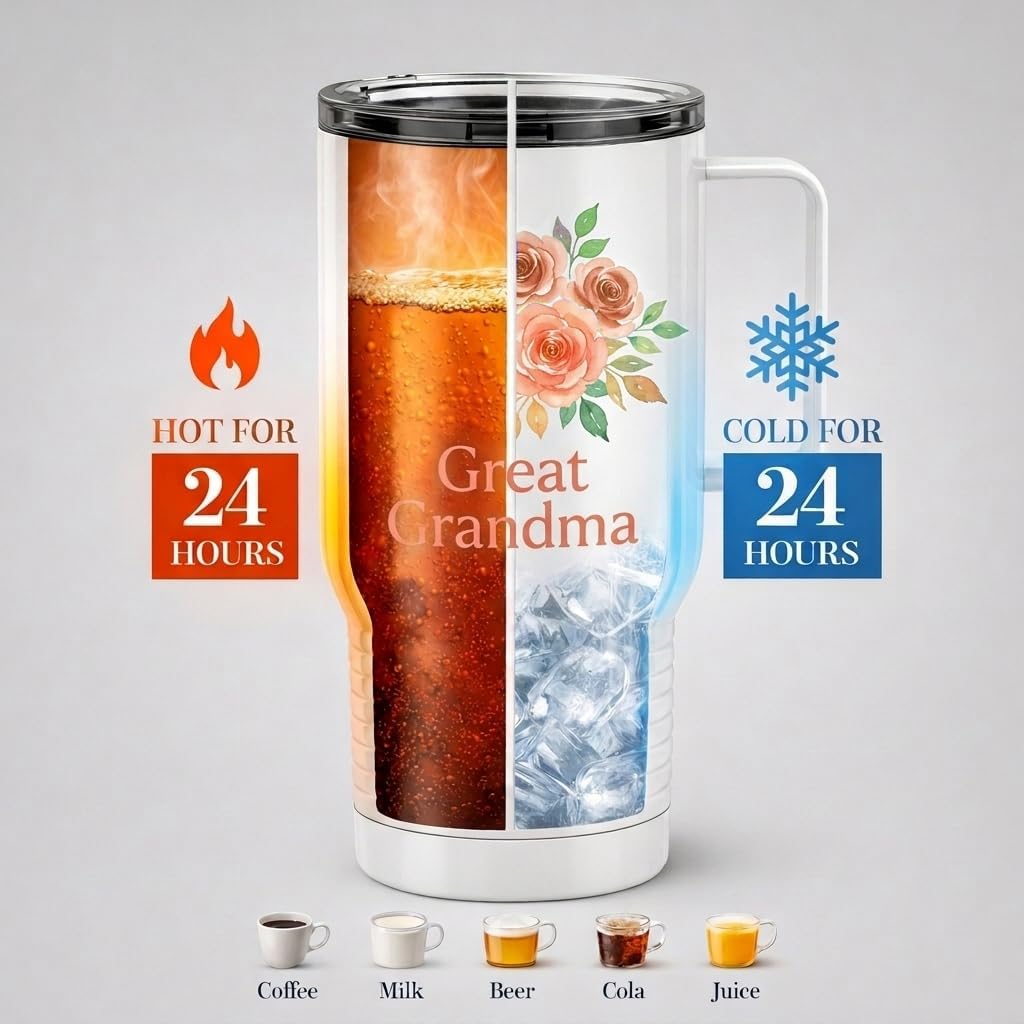 Just So Posh Great Grandma Flowers Tumbler, 20 oz Travel Coffee Mug with Handle & Straw Lid, Stainless Steel Insulated Coffee Tumbler, Gift for Grandmother image 4