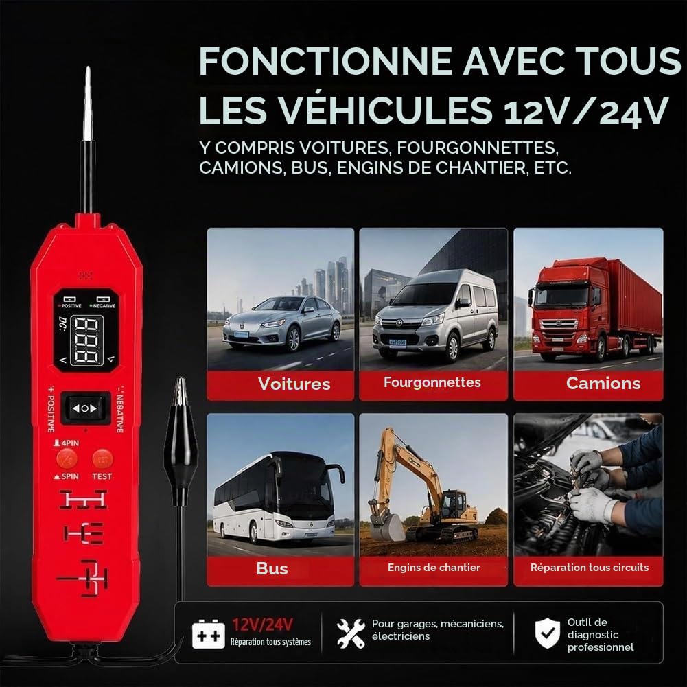 Testeur de Circuit Automobile Testeur de Relais 2 en 1 Testeur de Tension Numérique 12-24v Testeur de Circuit de Puissance DC Outil de Diagnostic de Relais