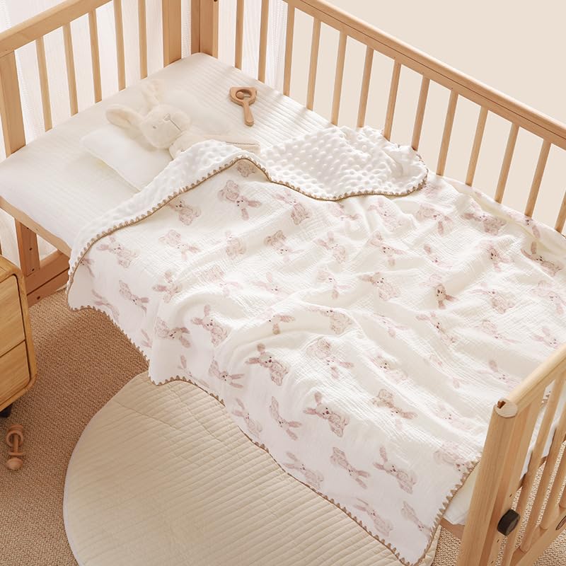 Baby Soft Muslin Thick Blanket Cotton and Dotted Backing Double Layer Receiving Blanket 40"x40" Bunny