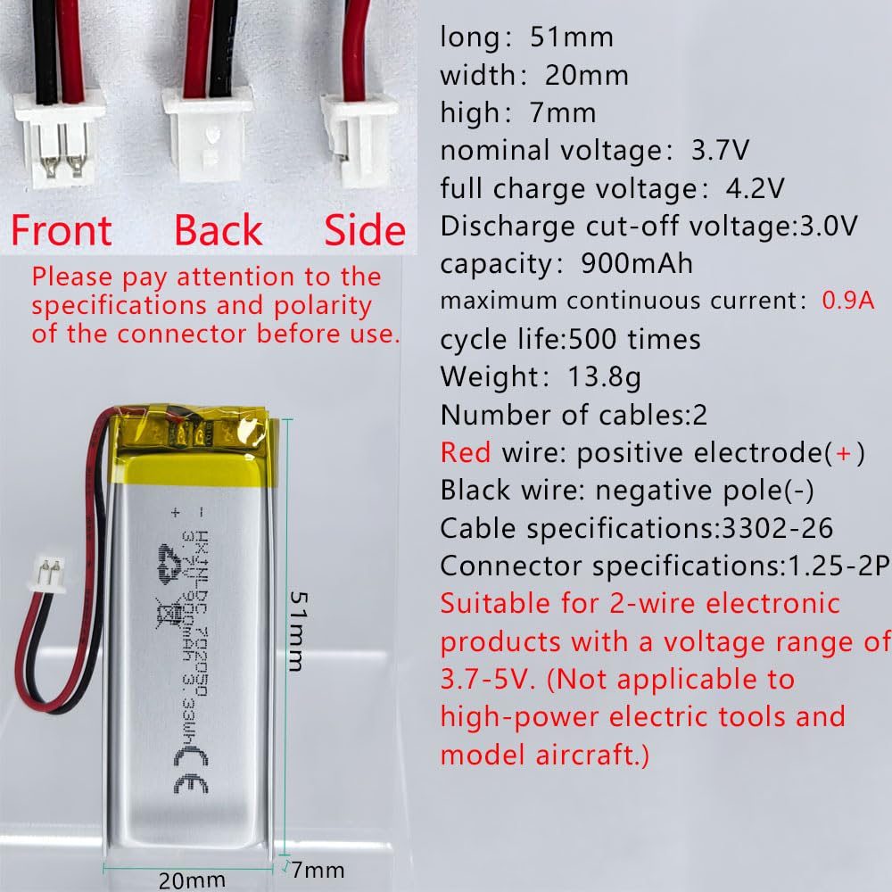 Amazon | DC 3.7V 900mAh 702050充電可能リチウムポリマー電池
