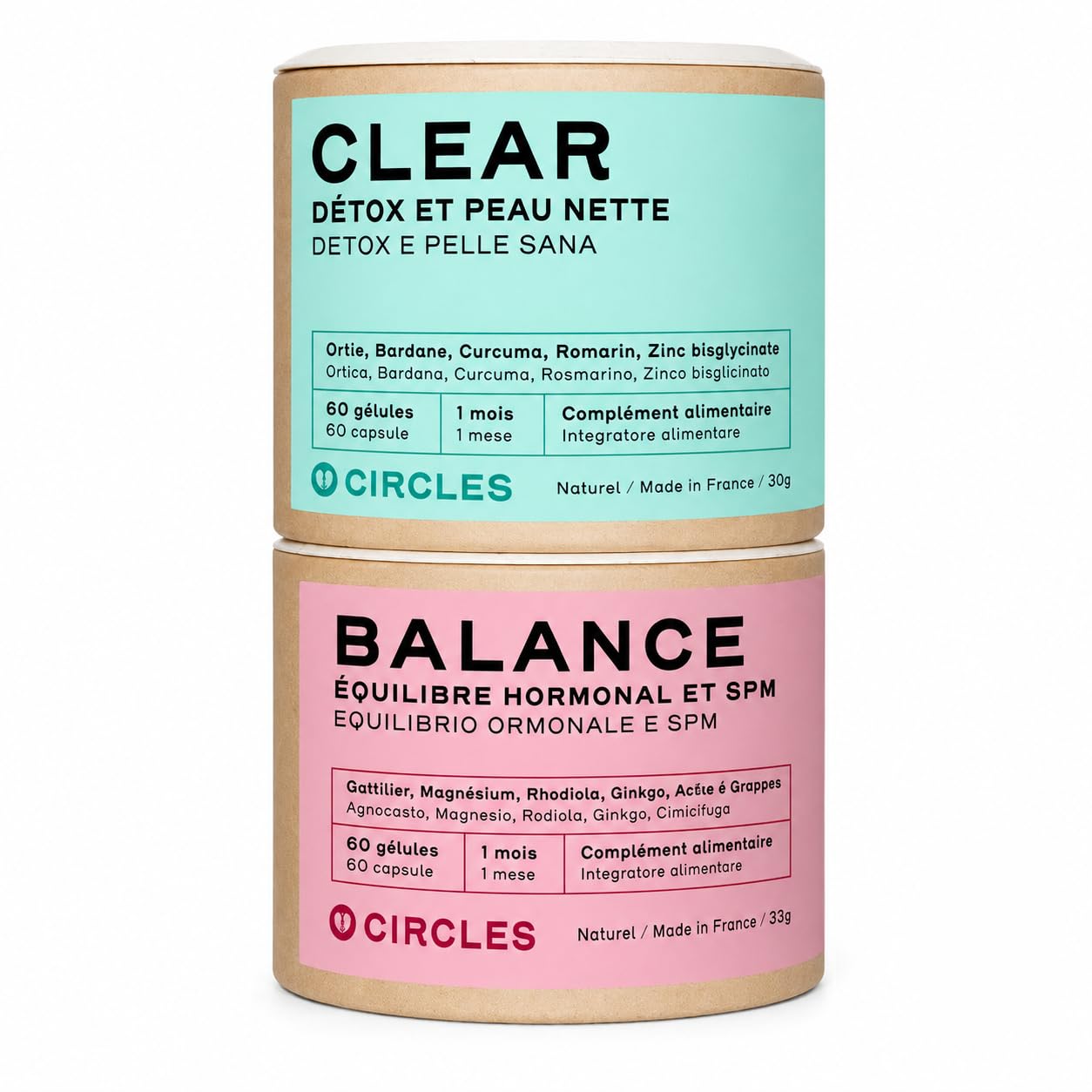 Circles CLEAR + BALANCE Duo Donna - Acne Ormonale & Equilibrio Ormonale - Zinco + Magnesio Bisglicinato + Agnocasto Bardana Rodiola - Post-Pillola SPM Ciclo Femminile - 120 Capsule Vegan Francia
