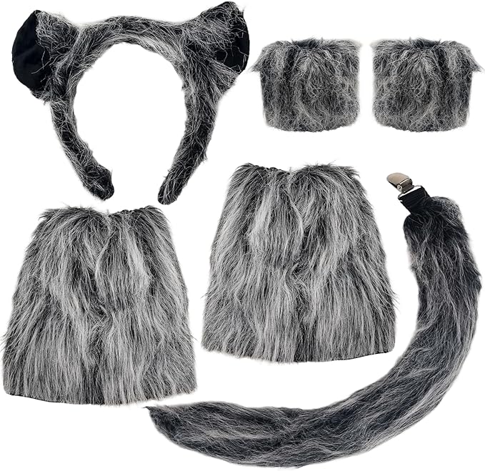 Wolf Kostüm für Erwachsene Herren and Damen Werwolf Kostüm mit Wolfs Ohren Haarreif Wolfsschwanz Handgelenkschützer Beinwärmer Werwölfe Kostümzubehör Tier Kostüm zum Karneval Cosplay Party