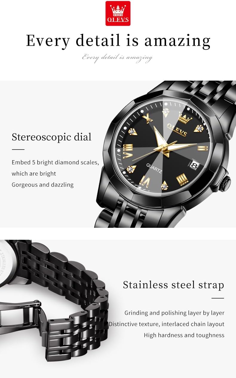OLEVS Valentines Couple Pair Quartz Watches Luminous Calendar Date Window 3ATM Waterproof, Casual Stainless Steel His and Hers Wristwatch for Men Women Lovers Wedding Romantic Gifts Set of 2 - Image 8