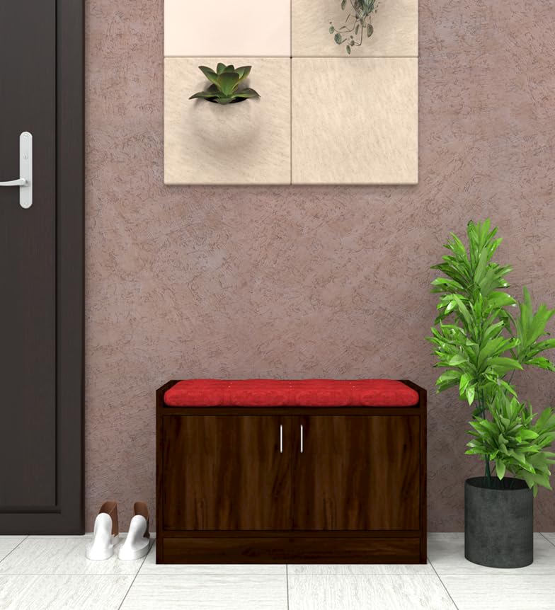 Image of SPECIALITY PANELS 2 Door Shoe Rack with Cushion | 2 Door Shoe Cabinet with Storage Bench | Shoe Organizer for Entryway Home | 75 x 49 x 37.5 cm Storage | DIY Assembly | Brown Finish with Red Cushion