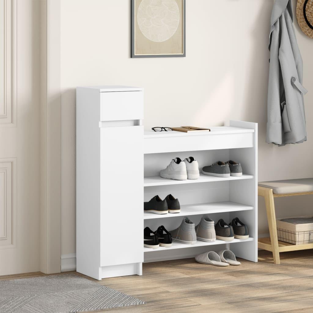 Biała szafka na buty, materiał drewnopochodny, 100,5 x 28 x 100 cm, z 1 szufladą, 2 drzwi, 4 półki, do korytarza, wejścia, sypialni, stylowa